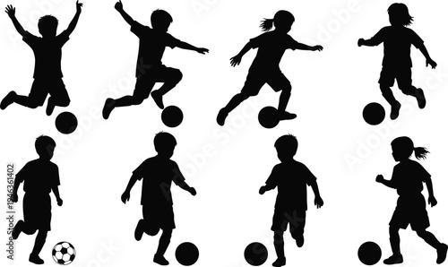 Collection of children silhouettes playing soccer in dynamic poses, running, jumping, and kicking balls, symbolizing youth sports, energy, teamwork, and active lifestyle illustration.