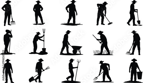 Farmer silhouettes set with rake, shovel, pitchfork and wheelbarrow, agriculture workers performing farming tasks, rural labor icons isolated
