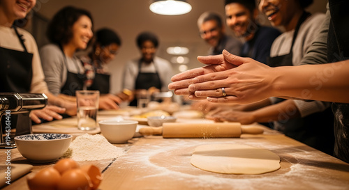 Diverse group of smiling people clapping hands with flour while learning to roll homemade dough for Italian dinner
