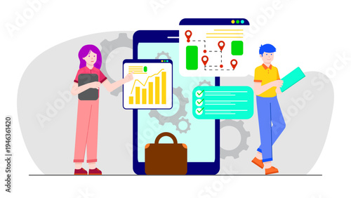 Team of employees using mobile application for business logistics tracking and data analysis tasks
