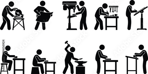 Industrial worker silhouettes operating machines and tools, factory technicians performing manufacturing, drilling and metalwork tasks, workshop labor icons isolated