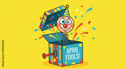 April Fools Day Jack in the box surprise with clown face and confetti on vibrant yellow background