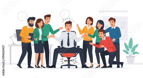 April Fools Day practical joke in the office with coworkers laughing at a man sitting on a whoopee cushion