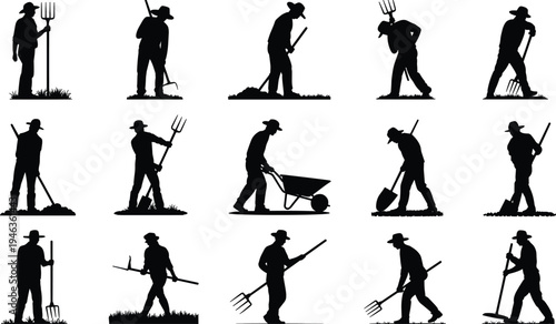 Farmer silhouettes set working with shovel, rake, pitchfork and wheelbarrow, agriculture labor collection, rural farming workers isolated on white backgroundFarmer silhouettes set working with shovel,