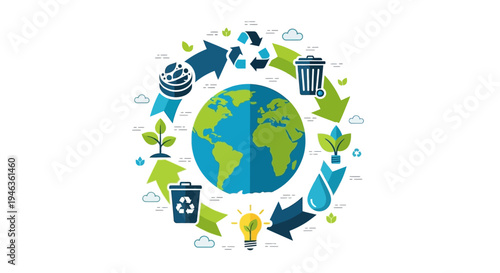 Earth globe surrounded by renewable energy icons wind solar recycling