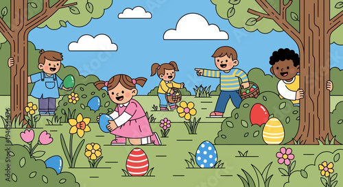Happy children Easter egg hunt in colorful spring garden vector