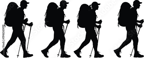 Black silhouettes of hikers with backpacks and trekking poles in walking posture, perfect for outdoor adventure, travel, fitness, and design projects