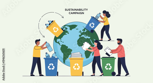 Diverse team sustainability campaign sorting waste around Earth globe