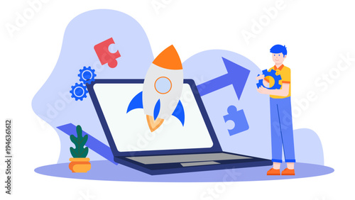 Business concept showing a rocket launching from a laptop with gears and puzzle pieces