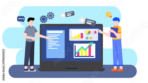 Professionals analyzing data charts and graphs on a large monitor screen for digital growth