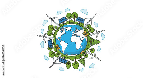 Global renewable energy concept with solar panels and wind turbines around the earth