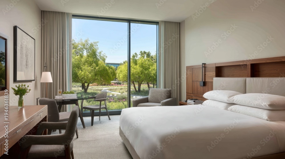 Fototapeta premium Modern Hotel Room with Natural Light and Garden View Featuring Cozy Furnishings and Contemporary Design Elements