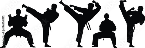 Karate silhouettes set of martial arts athletes performing kicks and defensive blocks in training
