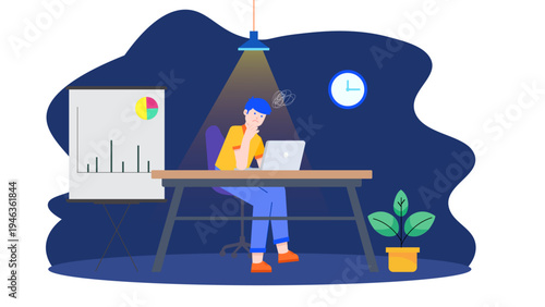 Tired businessman working late at night in the office to finish a project report