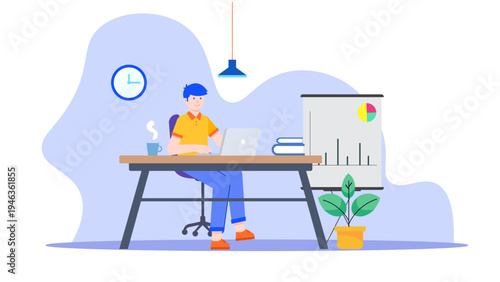 Modern workspace setup with a professional working on a laptop with office supplies