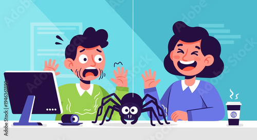 April Fools Day prank in the office with a scared man reacting to a giant spider on his desk