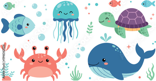 Cute ocean animals cartoon collection with whale, turtle, crab, jellyfish and fish, adorable underwater marine life illustration set for kids design