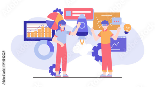 Business professionals using virtual reality and rocket technology for digital growth