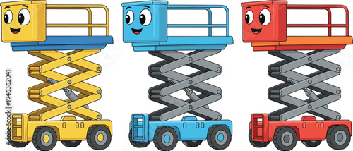 Cartoon scissor lift platform vehicles vector illustration featuring colorful aerial work platforms with smiling faces isolated on background for construction maintenance equipment and industrial 