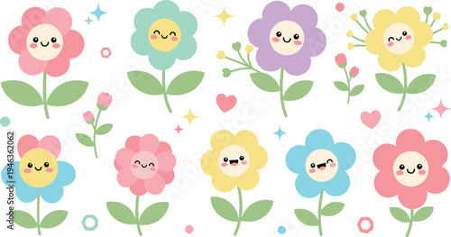 Cute pastel cartoon flowers collection with smiling floral characters spring garden plants kawaii style vector illustration set