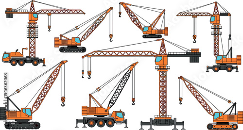 Collection of construction cranes including tower crane crawler crane and mobile crane in detailed flat vector illustration isolated on light background for engineering transport design