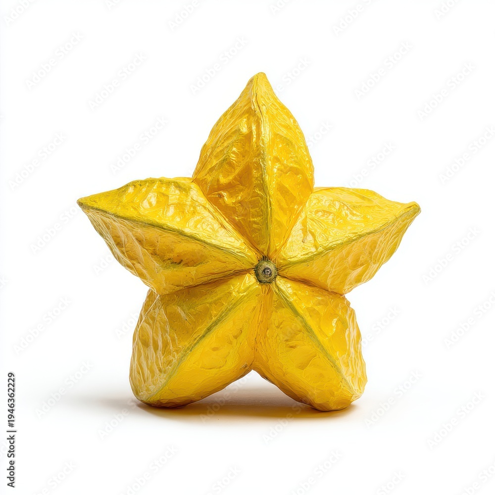 Fototapeta premium Bright Yellow Starfruit with Five Lobes on a White Background with Soft Shadow