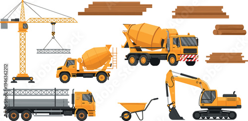 Construction equipment and building materials set including crane concrete mixer truck excavator wheelbarrow and lumber in flat vector illustration isolated on light background