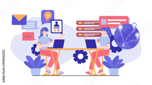 Business team collaborating on global project using laptops with idea icons and international communication