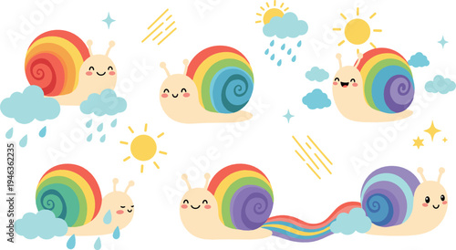 Cute rainbow snail cartoon characters with clouds, sun and rain, adorable kawaii weather themed illustration set for kids design