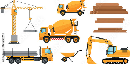 Construction machinery and building materials set featuring tower crane concrete mixer trucks excavator wheelbarrow and lumber in flat vector illustration isolated on light background