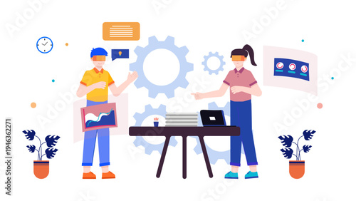 Professionals using virtual reality glasses for data analysis and digital transformation in a modern work environment