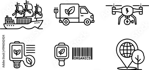 Set of 5 sustainable global logistics icons, green delivery and shipping vector, "Created with AI assistance and manually refined."