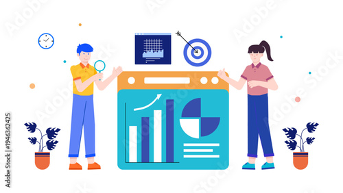 Analysts conducting market research and consumer survey using data and target analysis