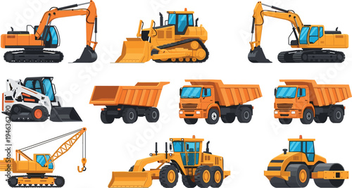 Construction machinery vector set including excavator bulldozer dump truck crane loader and road roller, heavy equipment illustration for industrial transport engineering and building site projects