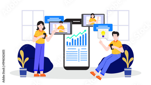 Team of professionals using mobile application for business analytics and communication on smartphone