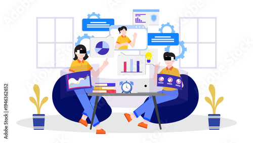 Team of professionals utilizing virtual reality and digital tools for business transformation and analytics