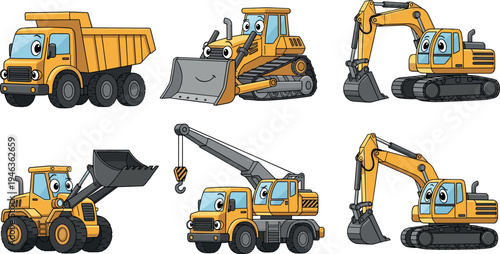 Cute cartoon construction vehicles collection including dump truck bulldozer excavator loader and crane in colorful flat vector illustration isolated on light background