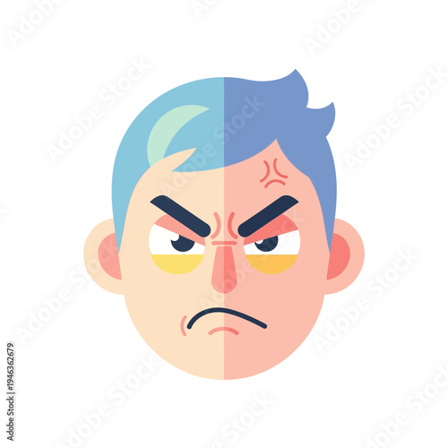 Angry Man Face Icon, Frustrated Expression, Negative Emotion, Flat Design