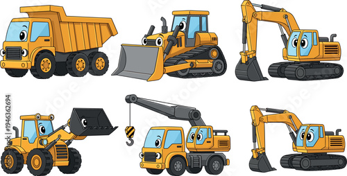 Cute cartoon construction vehicles vector set featuring smiling excavator, bulldozer, dump truck, crane and loader machines, colorful kids engineering transport illustration isolated 