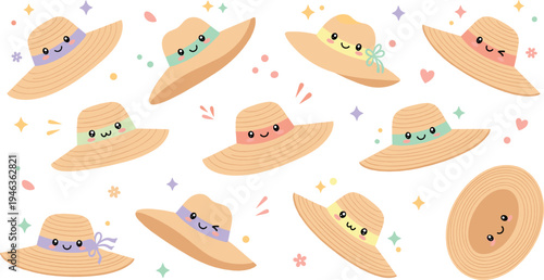 Cute kawaii straw hat characters collection with smiling summer beach hats playful cartoon accessory vector illustration set