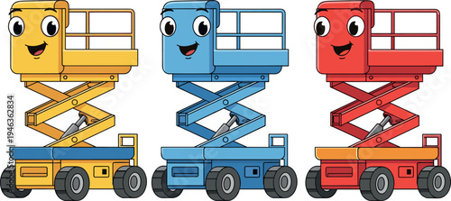 Cute cartoon scissor lift platform vehicles set in colorful flat vector illustration style isolated on light background for construction equipment kids transport design