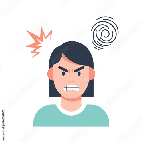Angry Woman with Gritted Teeth, Frustrated Expression, Stress Icon