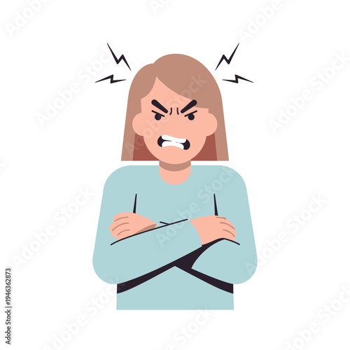 Angry Woman With Crossed Arms and Lightning Bolts Above Head - Frustrated Emotion