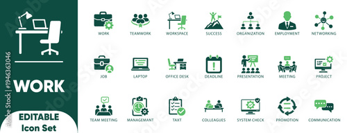 Work Icon Set. collaboration, employment, job, meeting, networking, organisation, presentation, progress, signs, success, task, and solid icons.