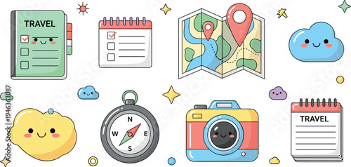 Cute kawaii travel icons set including passport map camera compass cloud and travel checklist cartoon vector illustration