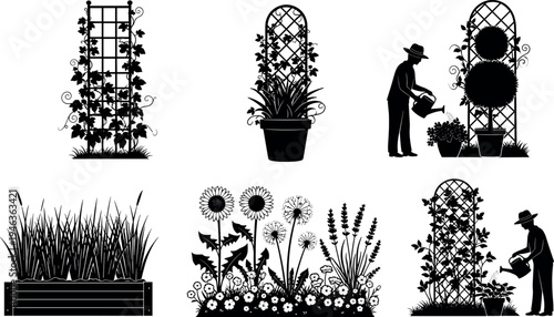 Garden silhouette collection with trellis plants flower beds grass and gardener watering potted plants in detailed black vector illustration isolated on light background