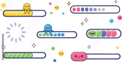 Cute loading bars and progress indicators with kawaii characters, colorful UI interface elements for apps, games and website design illustration set