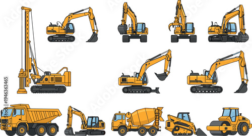 Heavy construction excavator machinery set vector illustration featuring drilling rig dump truck cement mixer road roller skid steer and crawler excavators isolated for industrial engineering