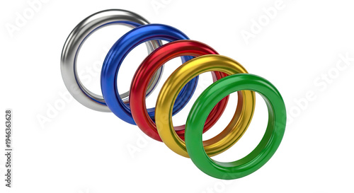 Five interlocking rings: silver, blue, red, gold, and green