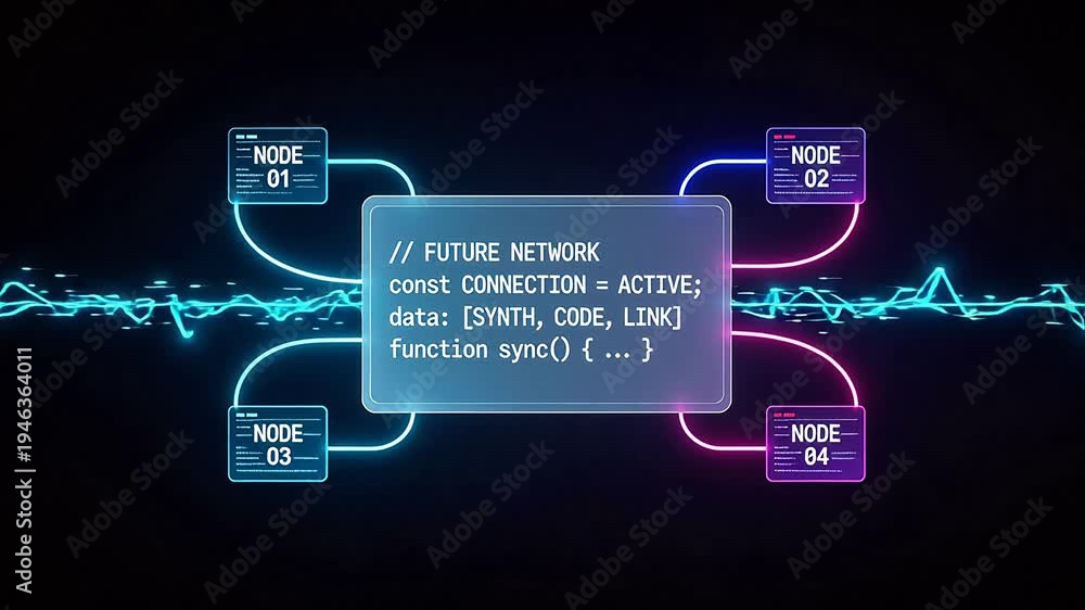 Futuristic network architecture diagram with glowing nodes and code ...